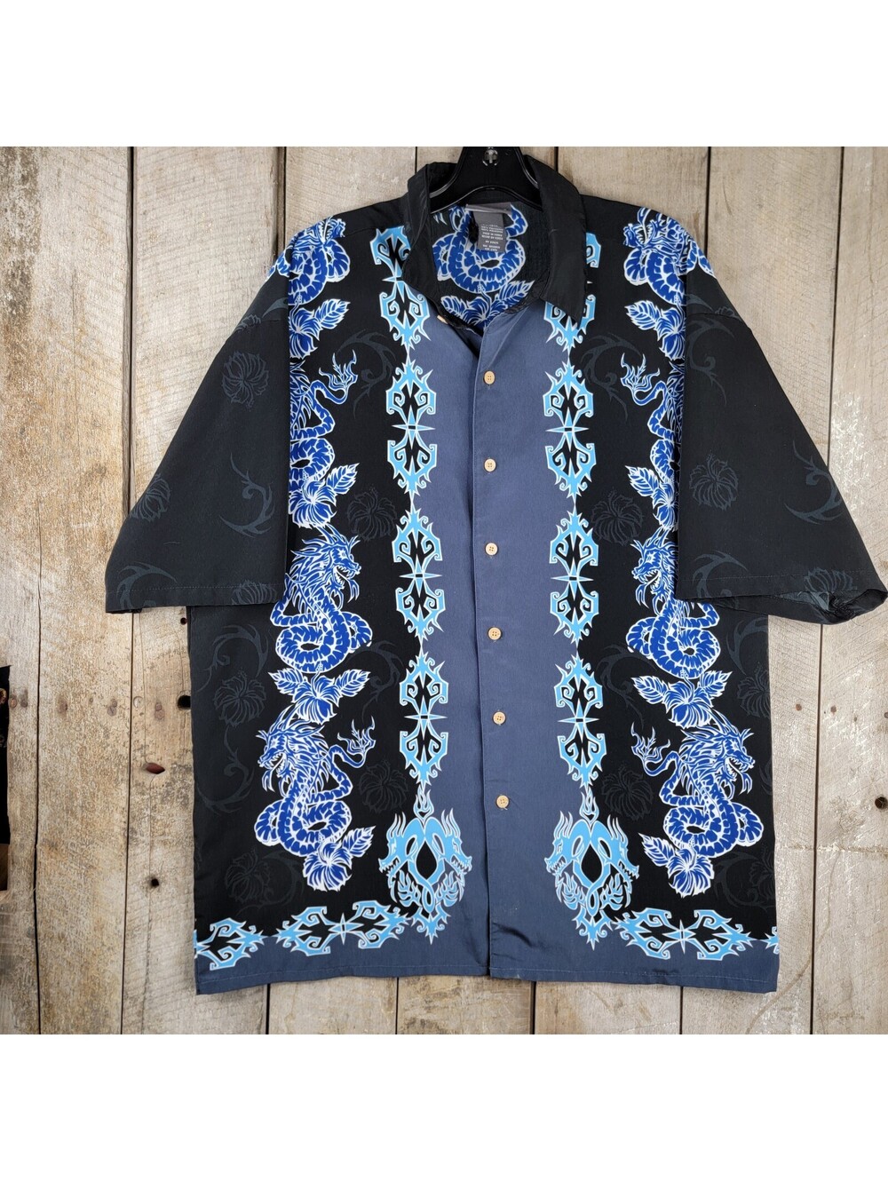Extreme Gear Blue Dragon Shirt XL Black Button Front Made in Korea 90s Style